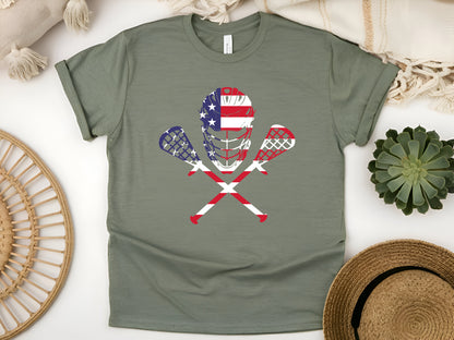 Lacrosse American Flag T-Shirt – Lax Helmet & Sticks Tee, Patriotic Sports Shirt, Gift for Lacrosse Players & Fans, Unisex Fit