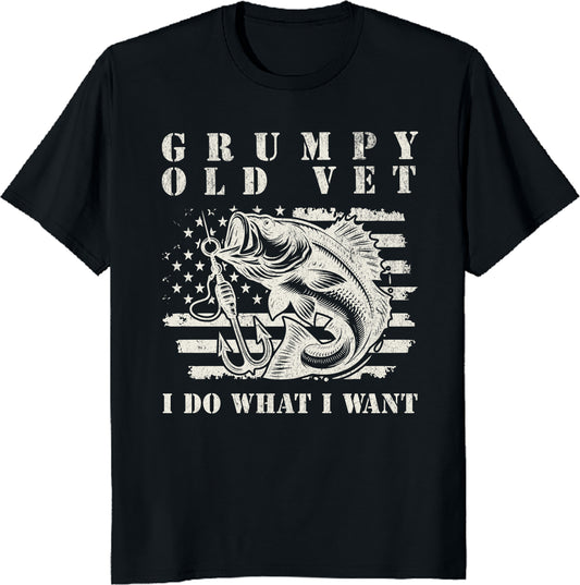 US Flag Bass Fishing Lovers Grumpy Old Vet I Do What I Want T-Shirt