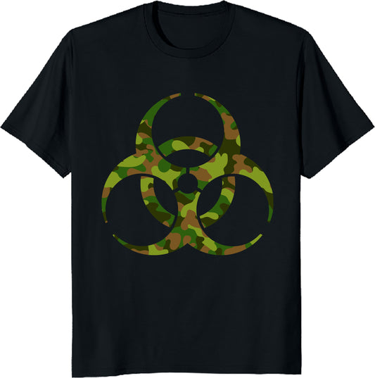 Biohazard Symbol Camouflage T-Shirt. Tactical Hazard Warning Unisex Tee