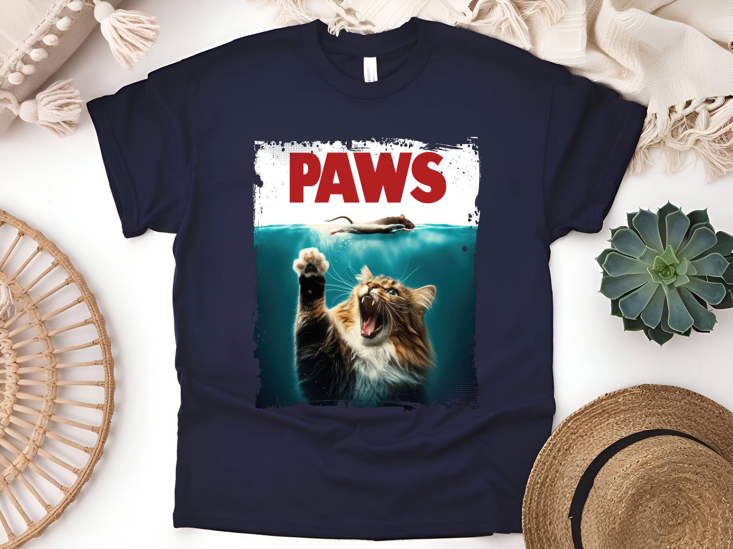 PAWS Cat and Mouse T-Shirt - Cute Funny Cat Lover Tee, Parody Design, Unisex Casual Shirt