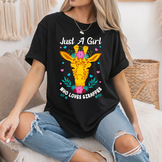 Just a Girl Who Loves Giraffes T-Shirt - Cute Animal Lover Tee, Girly Wildlife Gift