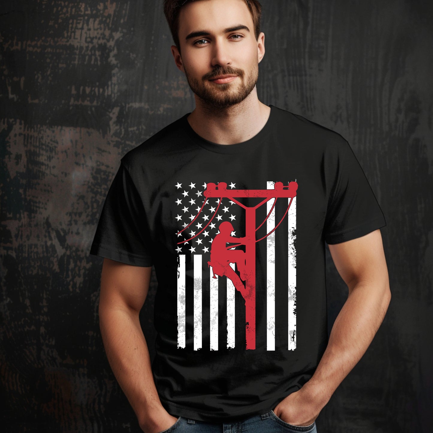 American Flag Lineman T-Shirt – Patriotic Utility Worker Tee, Power Lineman Gift, USA Flag Electrician Shirt, Unisex Workwear Tee