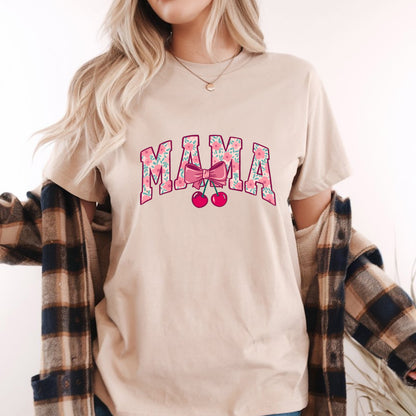 Cherry Bow Coquette Mama T-Shirt – Cute Aesthetic Mom Tee, Vintage Feminine Style, Soft Unisex Gift for Stylish Moms & Women