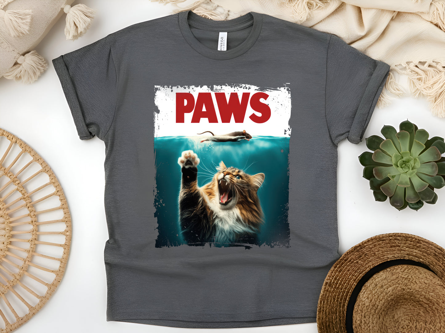 PAWS Cat and Mouse T-Shirt - Cute Funny Cat Lover Tee, Parody Design, Unisex Casual Shirt