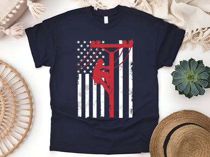 American Flag Lineman T-Shirt – Patriotic Utility Worker Tee, Power Lineman Gift, USA Flag Electrician Shirt, Unisex Workwear Tee