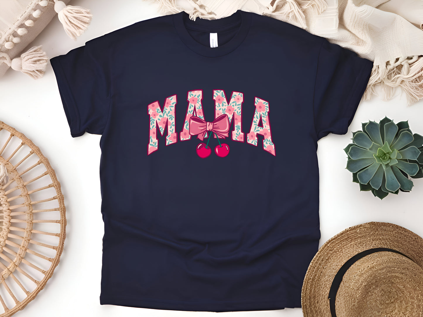 Cherry Bow Coquette Mama T-Shirt – Cute Aesthetic Mom Tee, Vintage Feminine Style, Soft Unisex Gift for Stylish Moms & Women