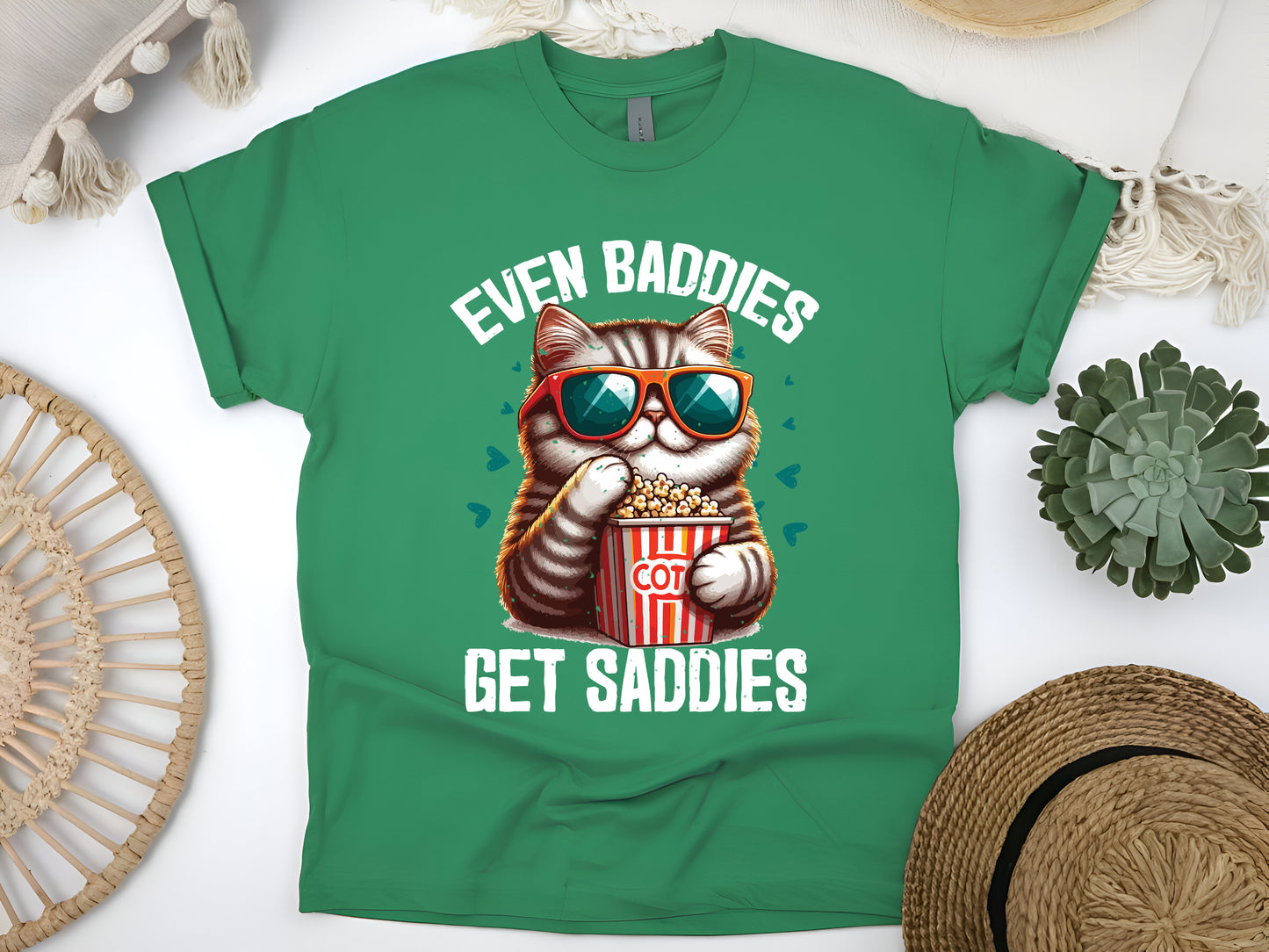 Even Baddies Get Saddies T-Shirt - Funny Cat Meme & Popcorn Tee - Sad but Cute Aesthetic Shirt