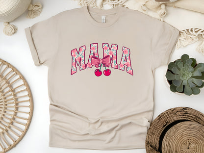 Cherry Bow Coquette Mama T-Shirt – Cute Aesthetic Mom Tee, Vintage Feminine Style, Soft Unisex Gift for Stylish Moms & Women