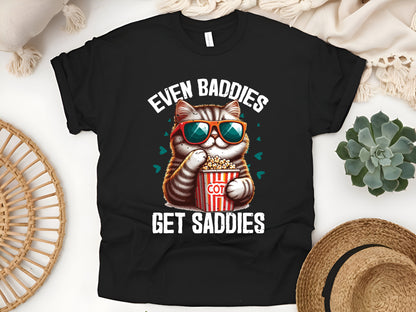 Even Baddies Get Saddies T-Shirt - Funny Cat Meme & Popcorn Tee - Sad but Cute Aesthetic Shirt