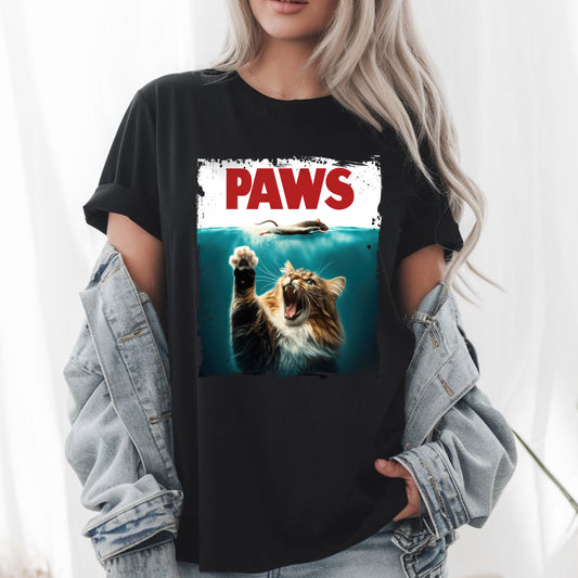 PAWS Cat and Mouse T-Shirt - Cute Funny Cat Lover Tee, Parody Design, Unisex Casual Shirt