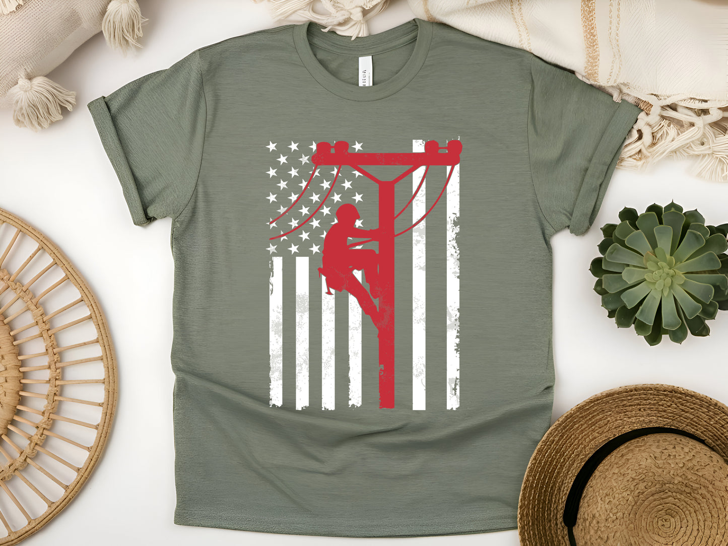 American Flag Lineman T-Shirt – Patriotic Utility Worker Tee, Power Lineman Gift, USA Flag Electrician Shirt, Unisex Workwear Tee