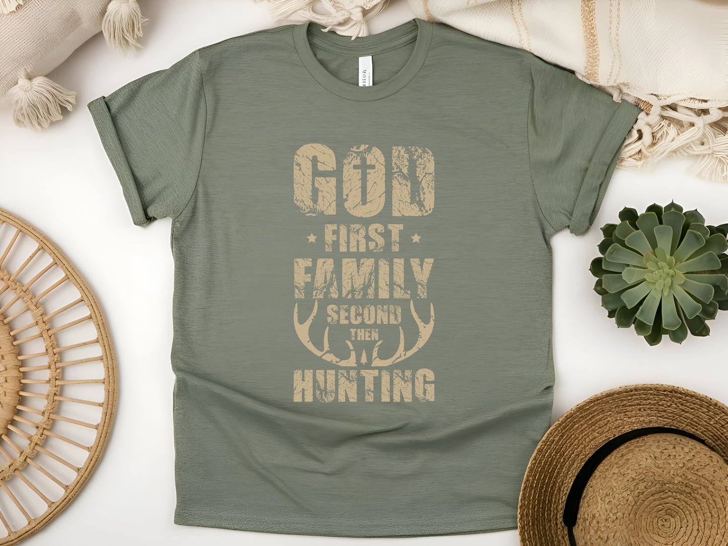 God First Family Second Hunting Third T-Shirt – Faith & Hunting Lover Gift for Outdoorsmen