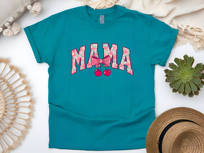 Cherry Bow Coquette Mama T-Shirt – Cute Aesthetic Mom Tee, Vintage Feminine Style, Soft Unisex Gift for Stylish Moms & Women