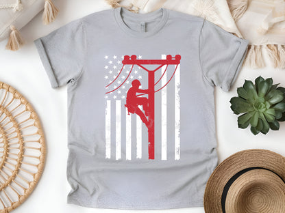 American Flag Lineman T-Shirt – Patriotic Utility Worker Tee, Power Lineman Gift, USA Flag Electrician Shirt, Unisex Workwear Tee