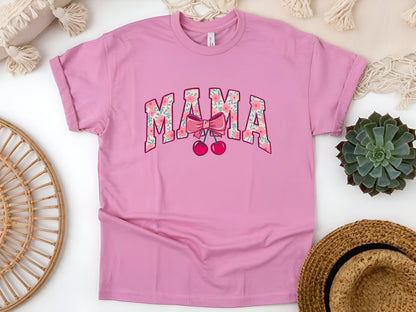 Cherry Bow Coquette Mama T-Shirt – Cute Aesthetic Mom Tee, Vintage Feminine Style, Soft Unisex Gift for Stylish Moms & Women