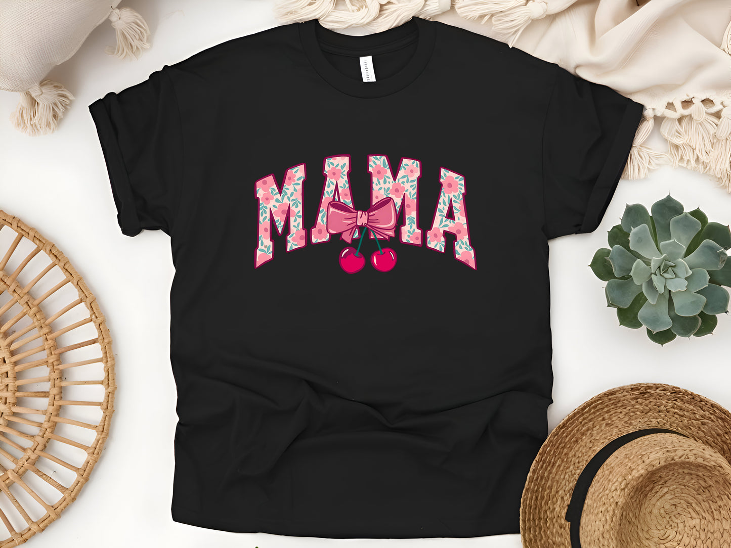 Cherry Bow Coquette Mama T-Shirt – Cute Aesthetic Mom Tee, Vintage Feminine Style, Soft Unisex Gift for Stylish Moms & Women