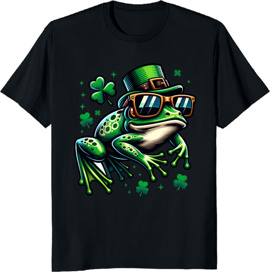 St. Patrick's Day Frog with Sunglasses Tee - Irish Clover Lucky Cat Shirt - Funny Green Frog T-Shirt - Printed in USA