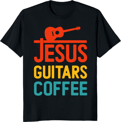 Jesus Guitars Coffee Funny Music T-Shirt - Christian Guitarist Unisex Tee - Music Lover Gift - Printed in USA