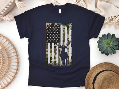 Camo US Flag Hunting T-Shirt – Deer Elk Buck Camouflage Hunter Gift for Dad & Outdoorsmen