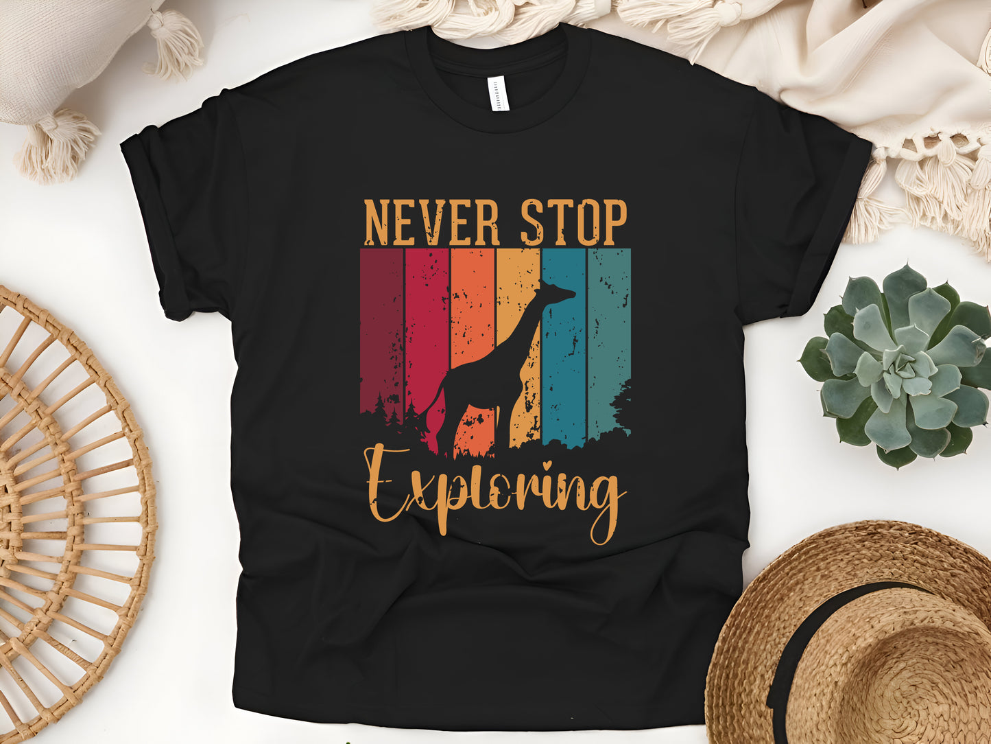 Cute Giraffe Never Stop Exploring T-Shirt - Adventure Lover Tee, Inspirational Wildlife Shirt, Unisex Casual Outfit