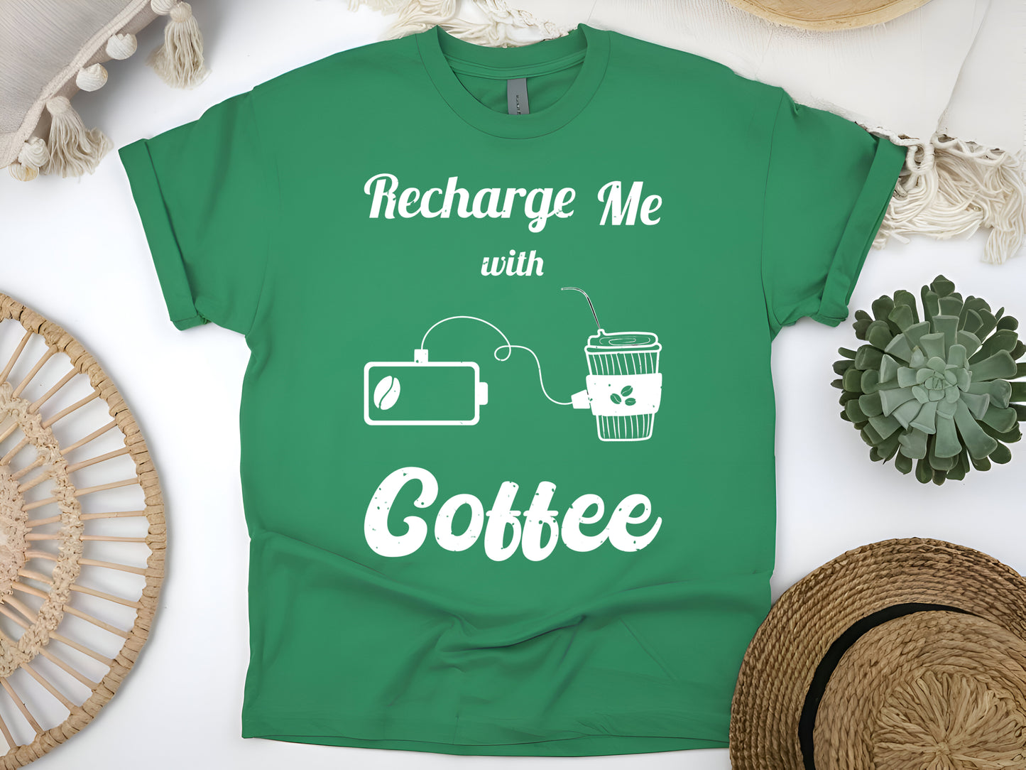 Recharge Me with Coffee T-Shirt - Funny Caffeine Lover Tee - Coffee Addict Gift