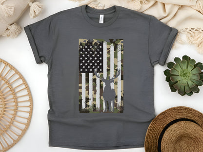 Camo US Flag Hunting T-Shirt – Deer Elk Buck Camouflage Hunter Gift for Dad & Outdoorsmen