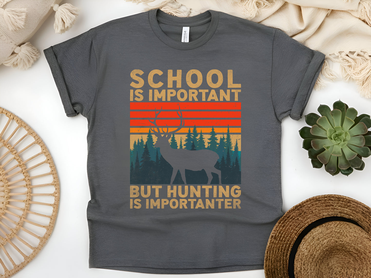 School Is Important But Hunting Is Importanter T-Shirt – Funny Deer Hunting Tee for Hunters & Outdoor Lovers