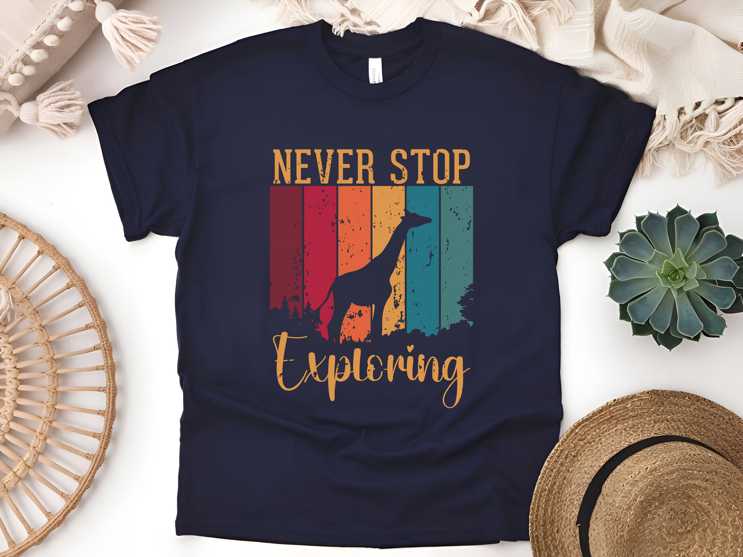 Cute Giraffe Never Stop Exploring T-Shirt - Adventure Lover Tee, Inspirational Wildlife Shirt, Unisex Casual Outfit