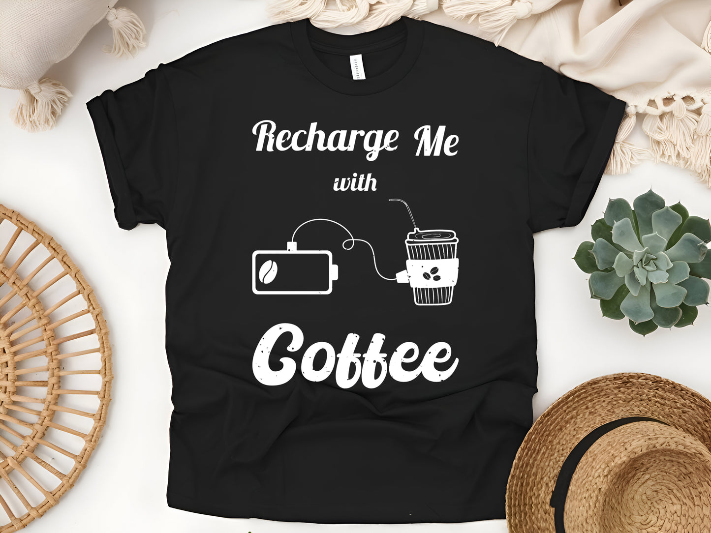 Recharge Me with Coffee T-Shirt - Funny Caffeine Lover Tee - Coffee Addict Gift