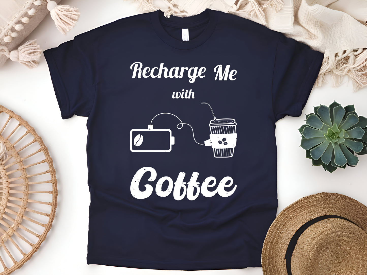 Recharge Me with Coffee T-Shirt - Funny Caffeine Lover Tee - Coffee Addict Gift