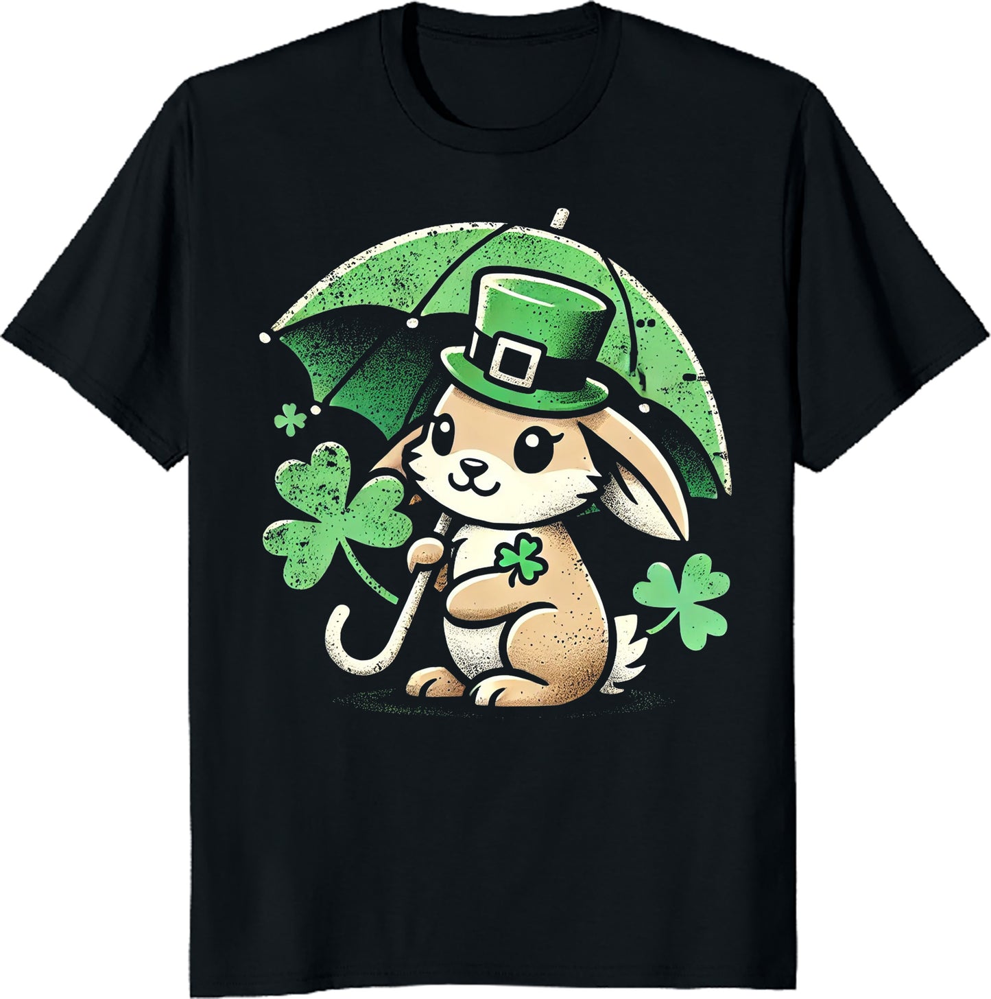 Rabbit with Shamrock Umbrella T-Shirt - Cute St. Patrick’s Day Bunny Tee, Lucky Clover Irish Gift, Adorable Green Holiday Shirt