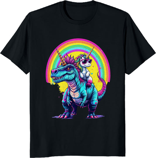 Unicorn Riding Dinosaur T-Shirt - Fun Rainbow Fantasy Tee