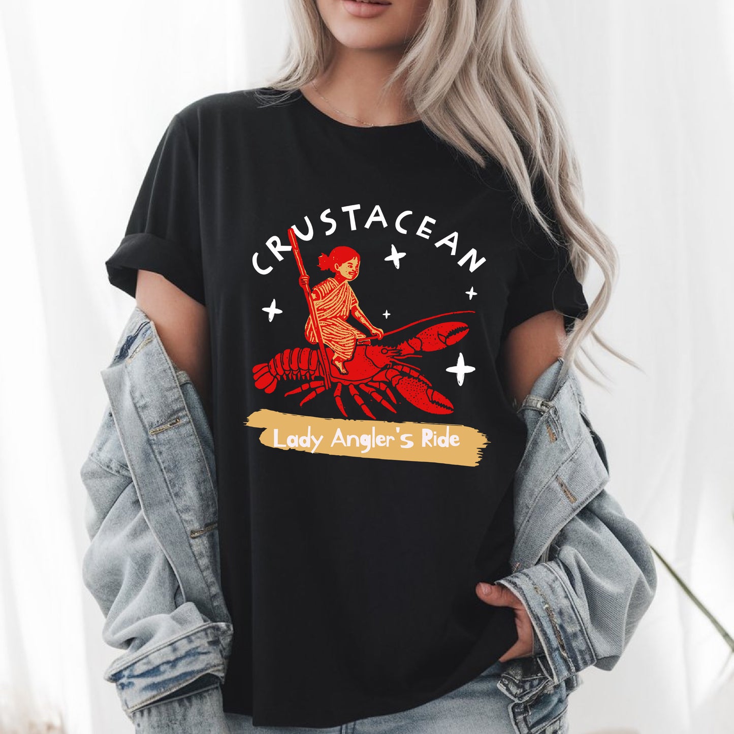 Crustacean Adventure T-Shirt, Lady Angler’s Ride, Unique Lobster, Funny Seafood Lover Shirt