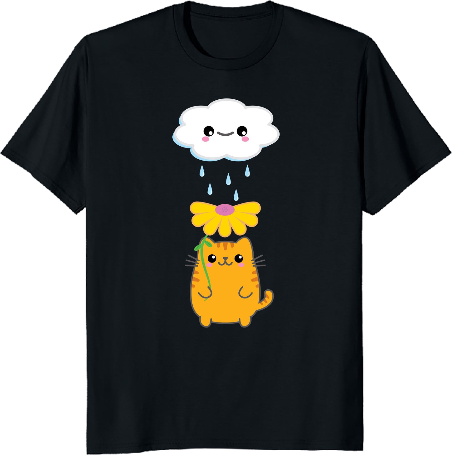 Kawaii Cat with Flower Umbrella & Rain Cloud T-Shirt - Cute Aesthetic Kitty Tee, Cozy Weather Lover Gift, Pastel Cartoon Cat Shirt