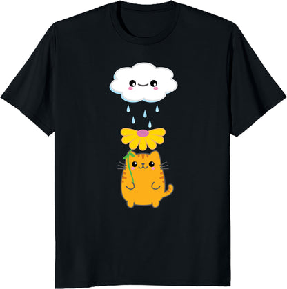 Kawaii Cat with Flower Umbrella & Rain Cloud T-Shirt - Cute Aesthetic Kitty Tee, Cozy Weather Lover Gift, Pastel Cartoon Cat Shirt