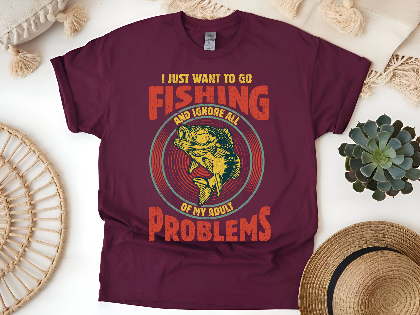 I Just Want to Go Fishing and Ignore My Adult Problems T-Shirt - Funny Fisherman Tee, Stress Relief Shirt, Unisex Casual Wear