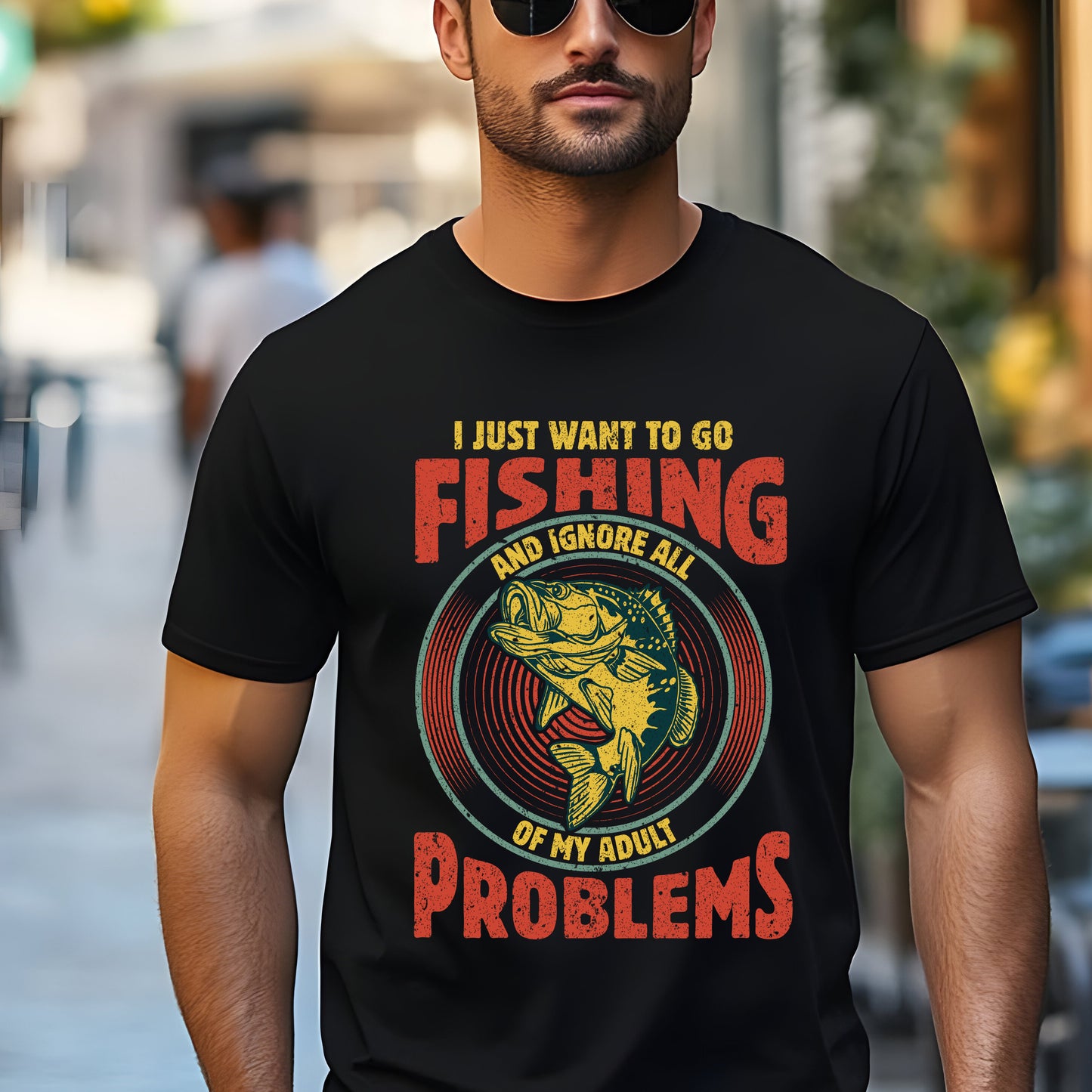 I Just Want to Go Fishing and Ignore My Adult Problems T-Shirt - Funny Fisherman Tee, Stress Relief Shirt, Unisex Casual Wear