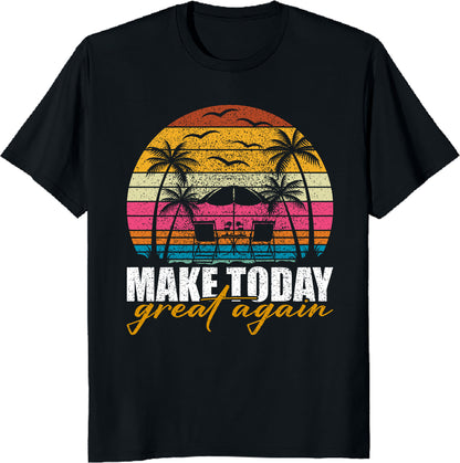 Vintage Circle Sunset Chair & Umbrella T-Shirt - Retro Beach Vacation Tee, Summer Sunset Graphic, Relaxing Holiday Shirt