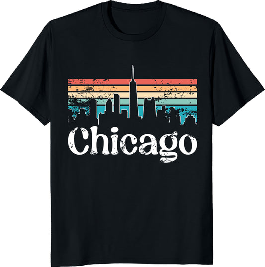 Chicago Skyline Retro Sunset Unisex Tee - Vintage Cityscape T-Shirt - Travel Gift - Printed in USA