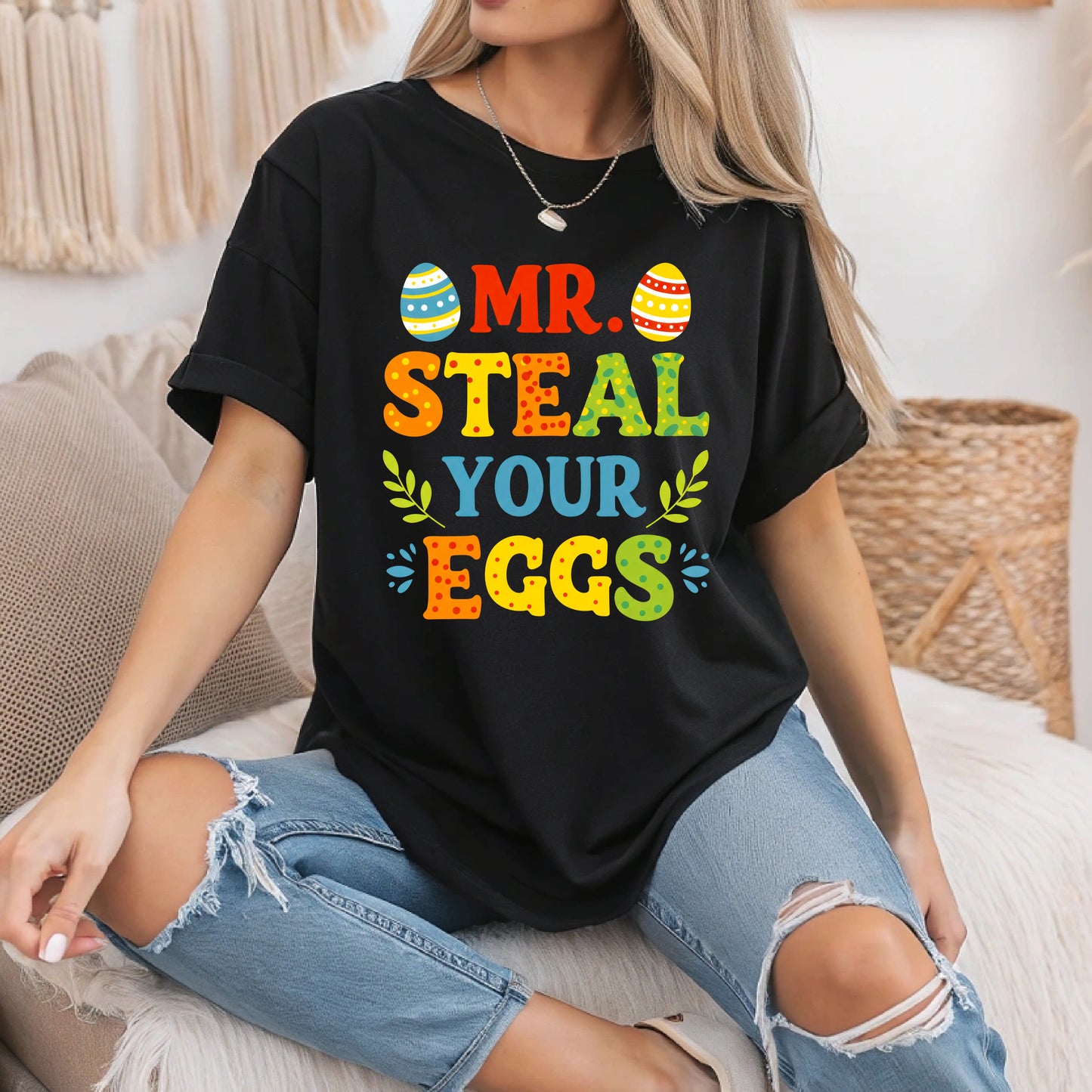 Mr. Steal Your Eggs Funny Easter Bunny T-Shirt, Cute Rabbit Easter Egg Hunt Shirt, Spring Holiday Tee for Kids and Adults, Easter Gift