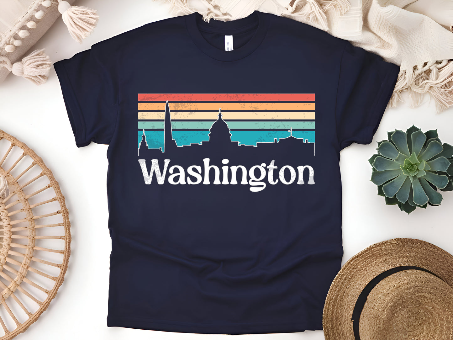 Washington Skyline with Retro Sunset T-Shirt – Vintage Cityscape Aesthetic – Washington State Lover Shirt