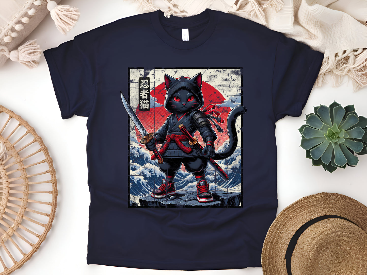 Japanese Samurai Cat T-Shirt - Kawaii Ninja Cat Tee, Cute Anime Style, Unisex Casual Shirt