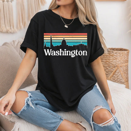 Washington Skyline with Retro Sunset T-Shirt – Vintage Cityscape Aesthetic – Washington State Lover Shirt