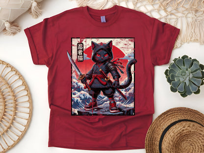 Japanese Samurai Cat T-Shirt - Kawaii Ninja Cat Tee, Cute Anime Style, Unisex Casual Shirt