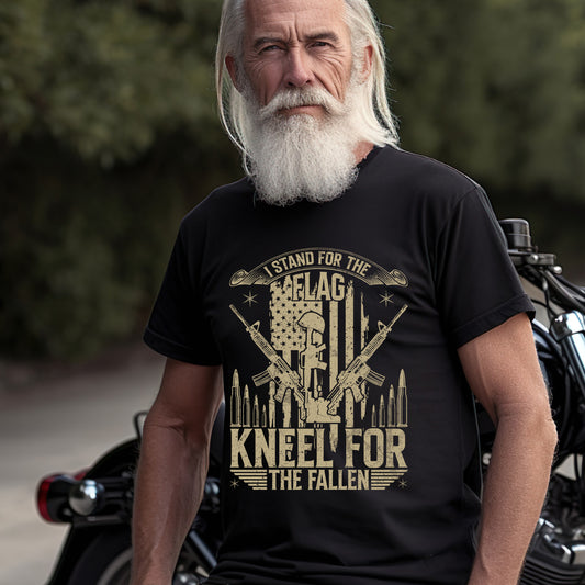 I Stand for the Flag, Kneel for the Fallen – Patriotic USA Flag Veteran Tribute T-Shirt