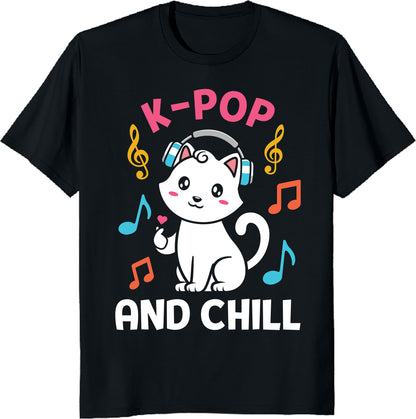 K-Pop and Chill T-Shirt - Cute Cat Finger Heart Music Lover Tee