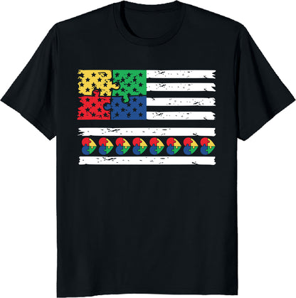 Autism Awareness Puzzle Flag T-Shirt - Colorful American Flag Design, Perfect for Autism Supporters, Advocacy Events, and Awareness Campaigns