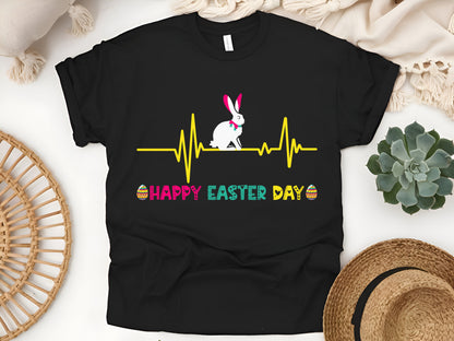 Happy Easter Day Heartbeat T-Shirt, Cute Easter Eggs Bunny Shirt, Spring Holiday Outfit for Kids and Adults, Easter Egg Hunt Gift