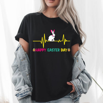 Happy Easter Day Heartbeat T-Shirt, Cute Easter Eggs Bunny Shirt, Spring Holiday Outfit for Kids and Adults, Easter Egg Hunt Gift