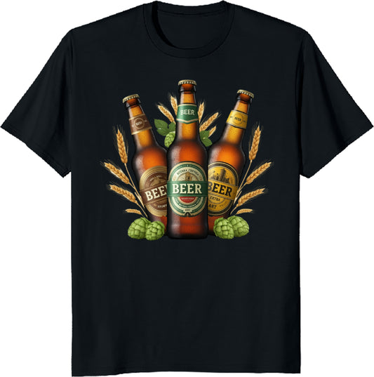 Craft Beer Lover T-Shirt - Vintage Beer Bottle Design with Wheat and Hops, Perfect Gift for Beer Enthusiasts and Brewery Fans